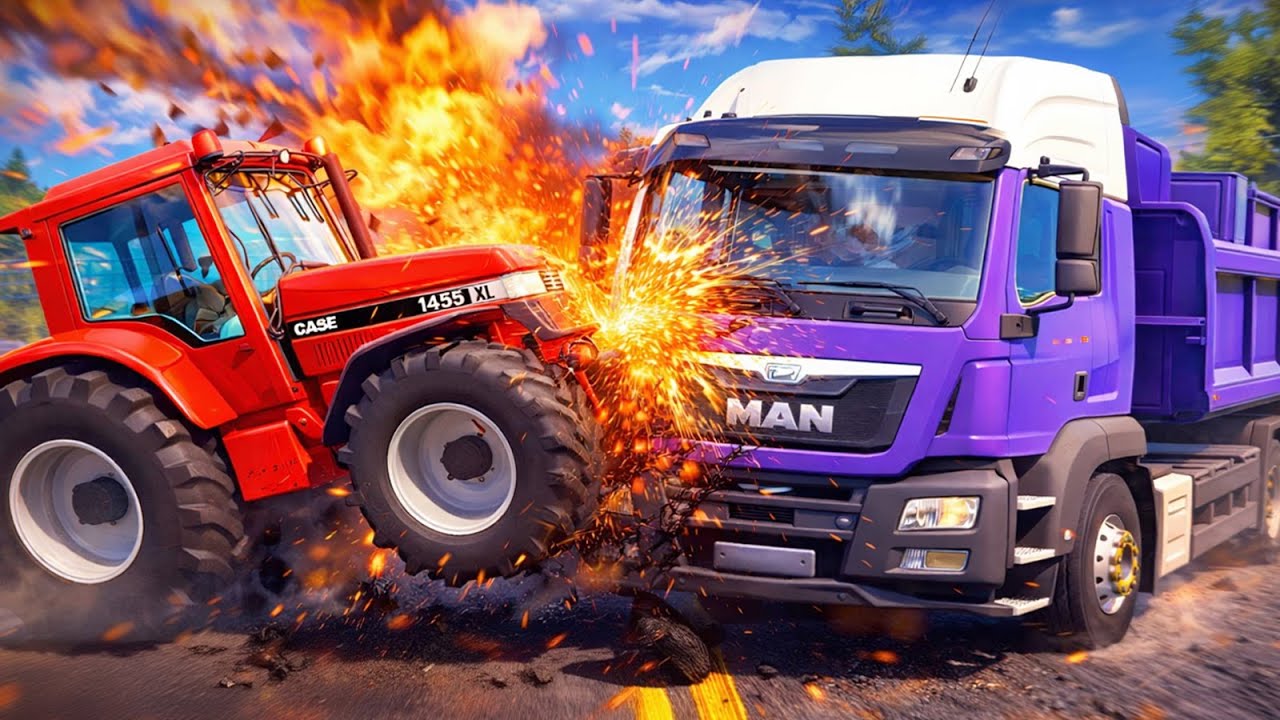 TRANSPORTING PIXAR CARS & FRUITS WITH COLORED & JOHN DEERE vs CLAAS vs TRACTORS - BeamNG.drive 