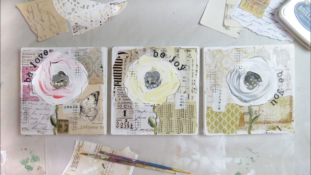 a trio of flowers - mixed media artwork using vintage papers