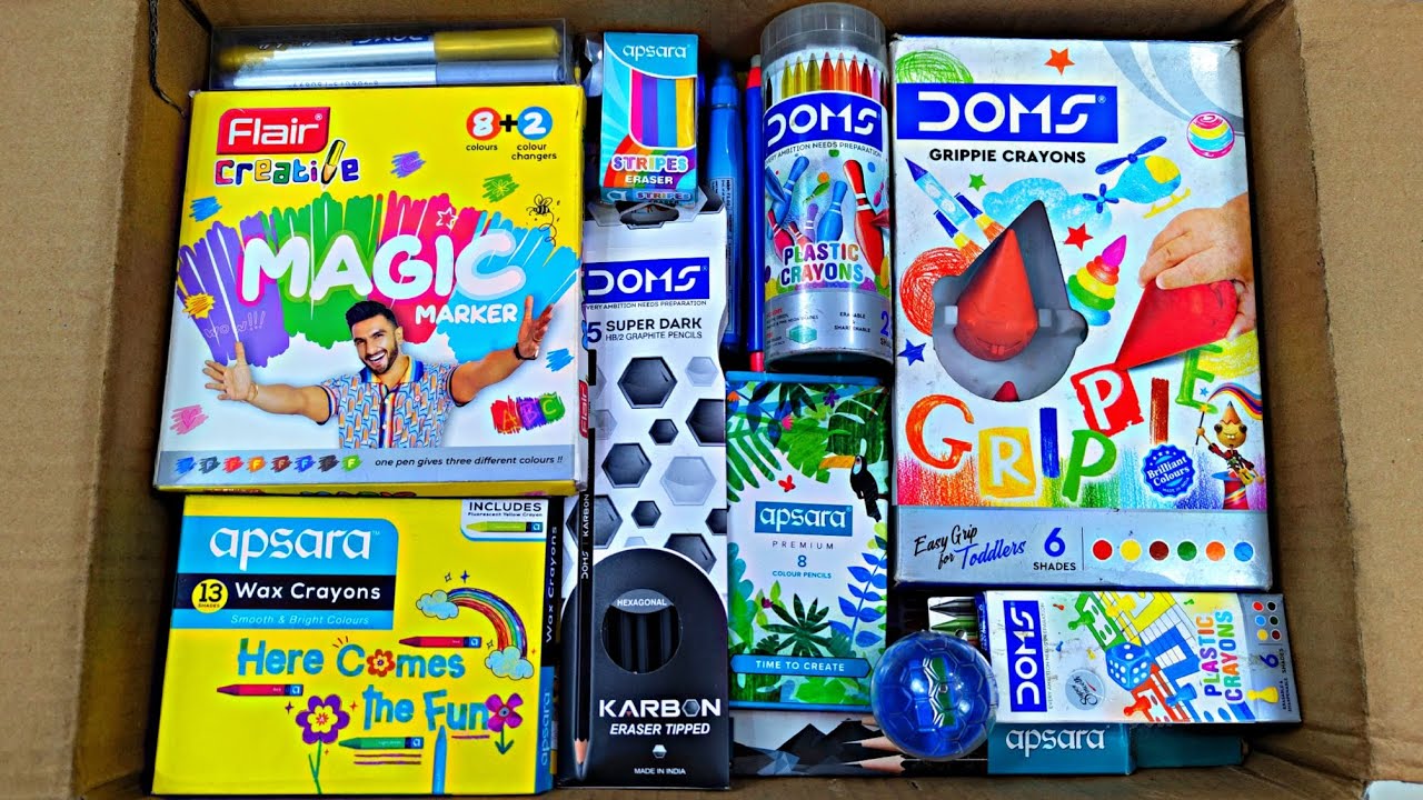 Unboxing Showing DOMS Stationery📚, Flair Creative Kit, Apsara Wax Crayons, Magic pen, Eraser, Pencil