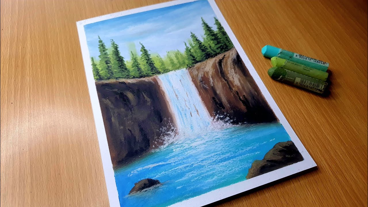 Oil Pastel Waterfall Nature Drawing for Beginners / AMAZING LANDSCAPE / Oil Pastel Scenery Drawing