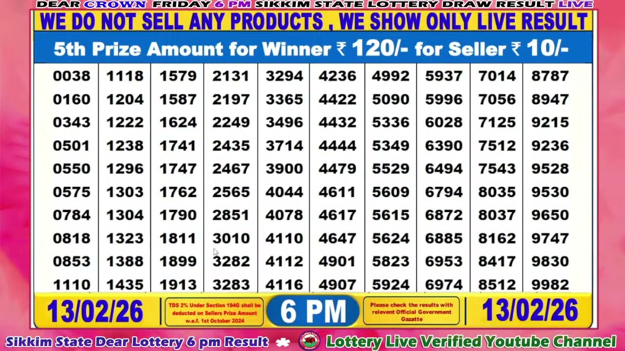 [LIVE] Lottery 6:00 PM Dear Sikkim state lottery live draw result 13.02.2026 | Lottery live