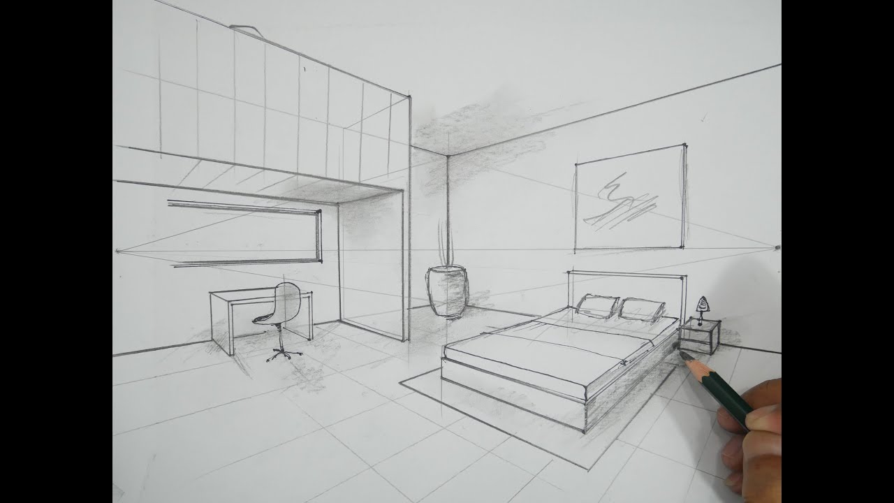 learn how to draw simple modern bedroom in 2 point perspective