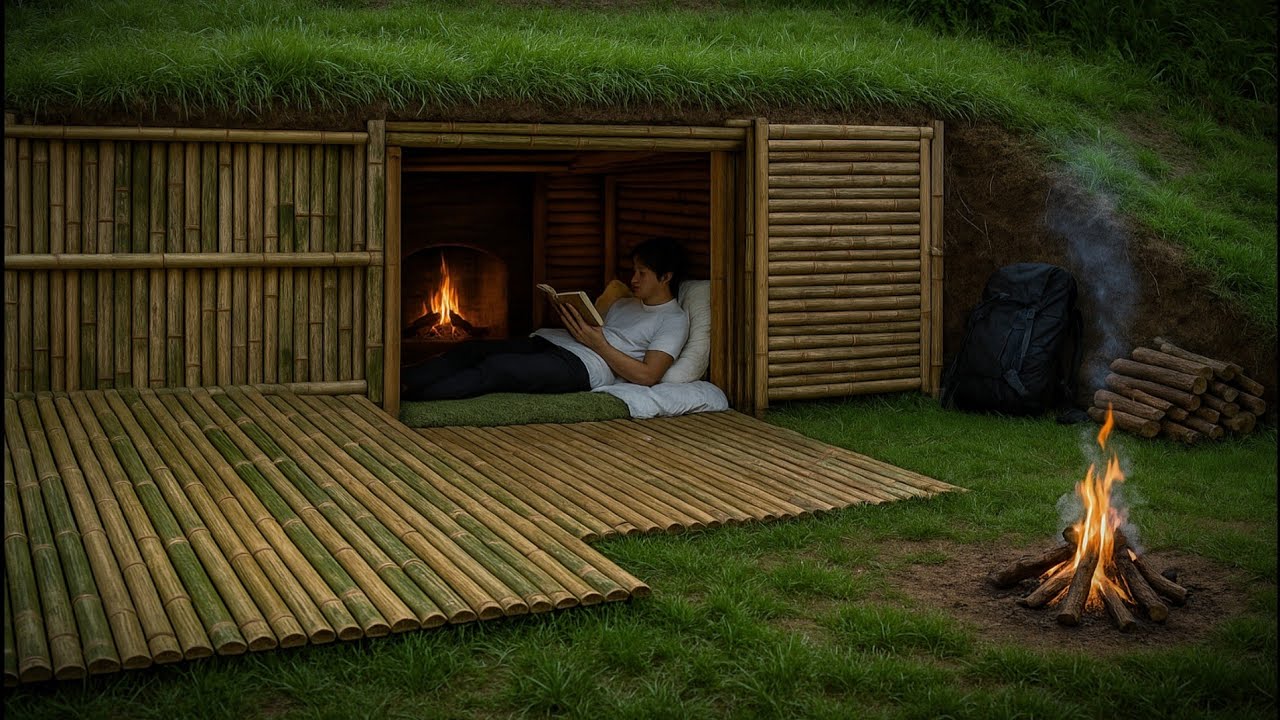 Kemping di hutan hujan deras, membangun shelter bawah tanah yang hangat & camp fishing!