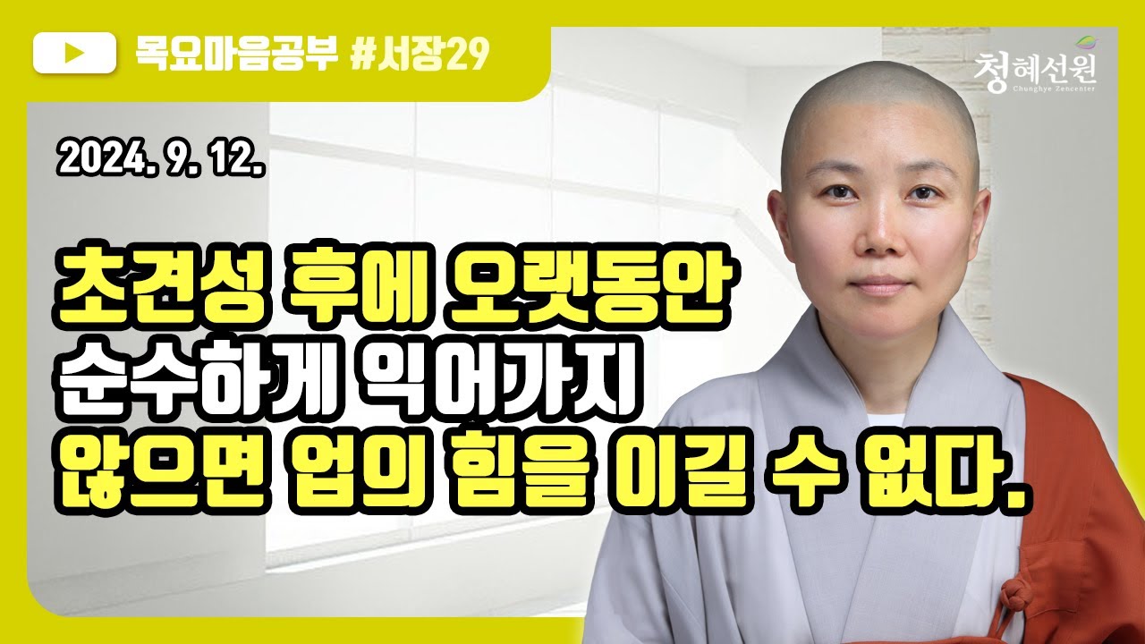 2024.09. 12. [청혜선원] 목요공부ㅣ대혜서장 제29회 “초견성 후에 오랫동안 순수하게 익어가지 않으면 업의 힘을 이길 수 없다. ”