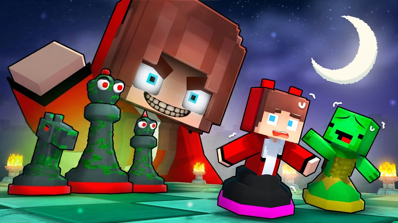 JJ and Mikey Vs CRAZY Girl STALKER in Chess - Maizen Minecraft Animation