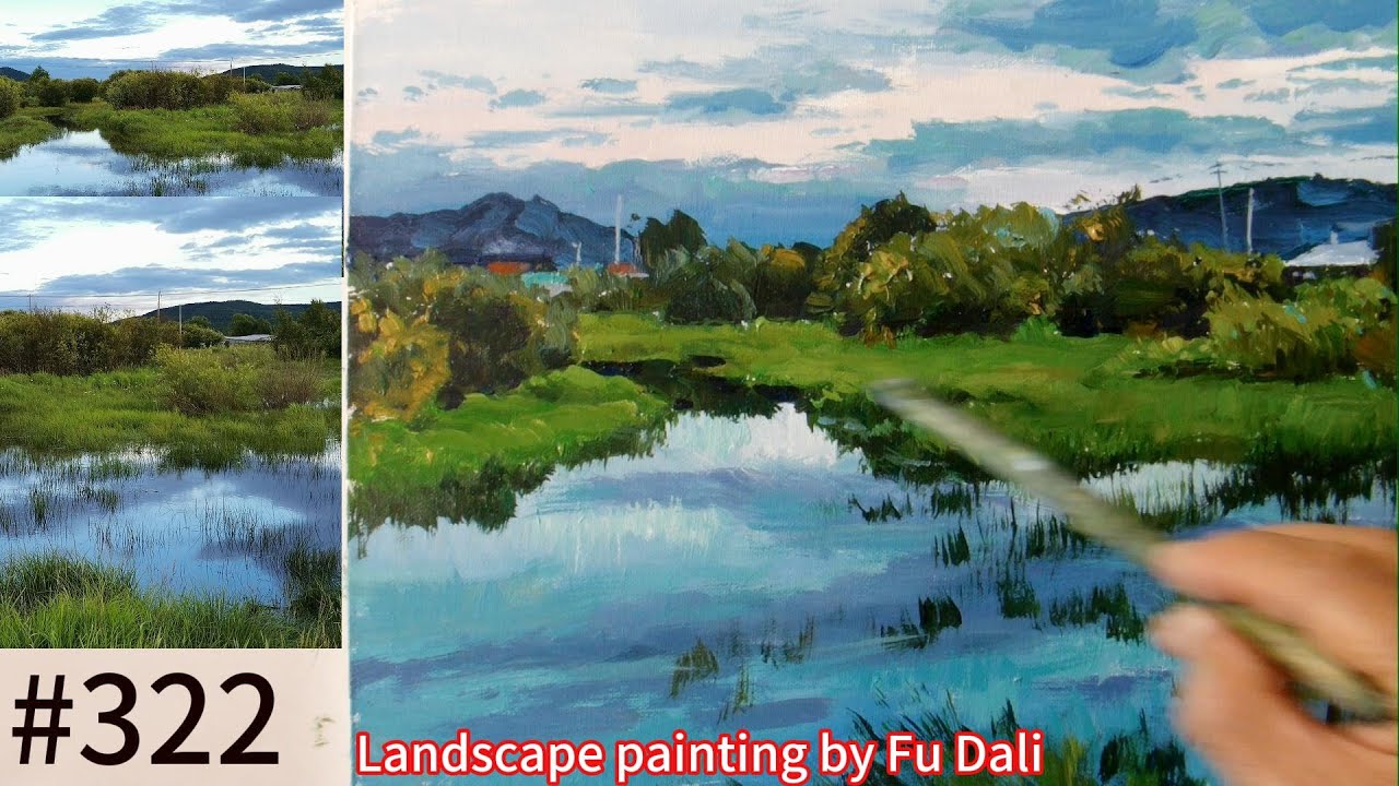 #322 landscape painting  by Fu Dali |How to draw reflections on water