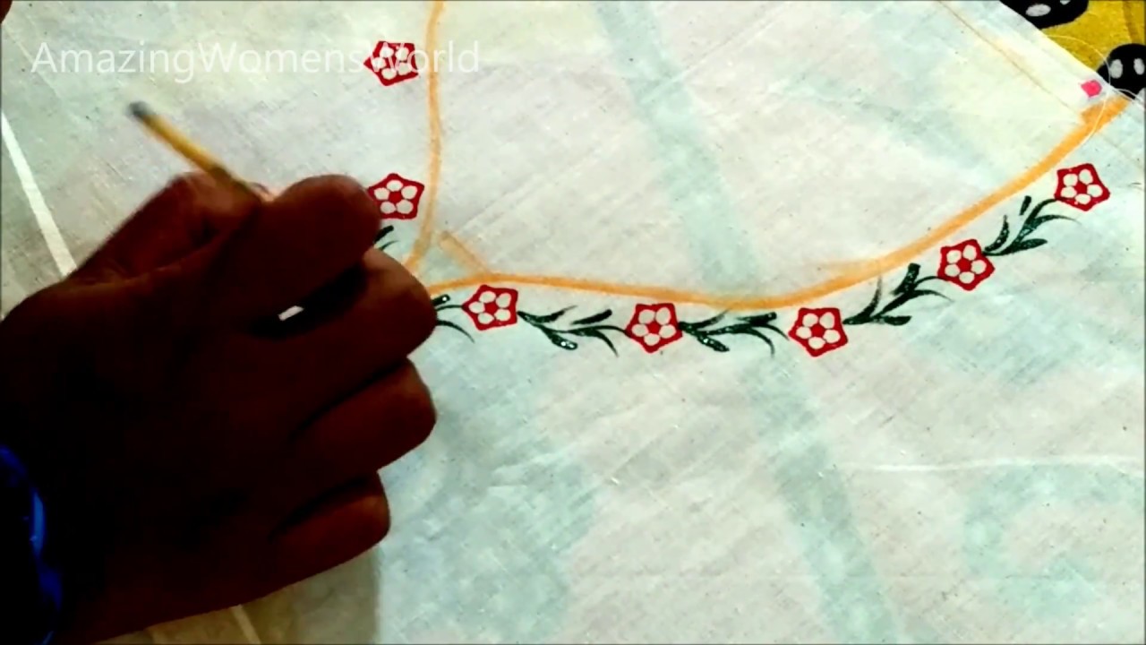 Vegetable Block Printing Fabric Painting  Neck Design  - Ladyfinger (Bhinde ) Printing
