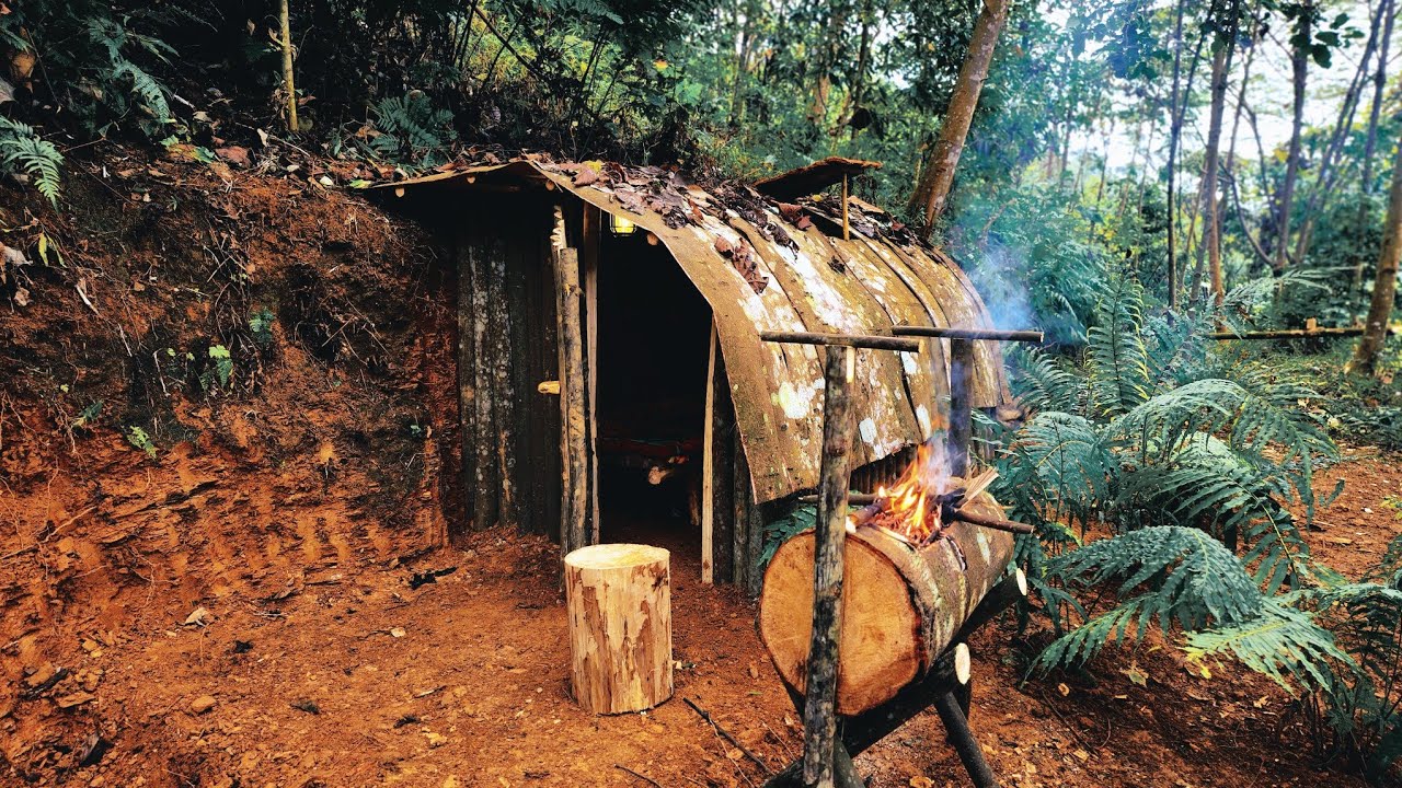 Build camping shelter in deep wild forest for survival, wild survival shelter