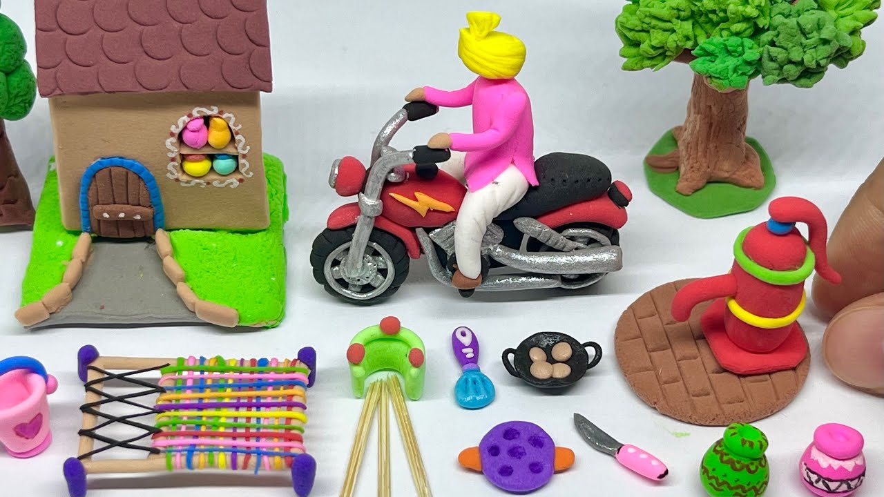 DIY Clay Village Miniatures | How to Make Clay House, Motorbike & Cute Kitchen Set