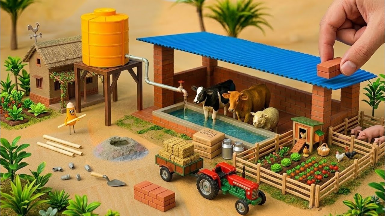 Diy Mini Bricks Cow Shed | Miniature Science Project &lrm;⁨| Satisfying Mini Construction Build