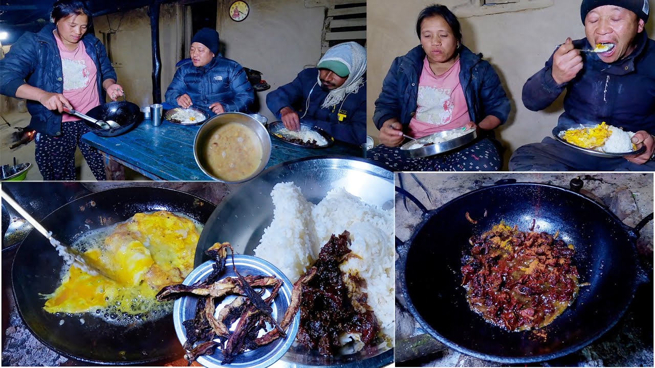 village kitchen TABLE || buff dry meat curry || egg fry curry with rice || @bhumicooking