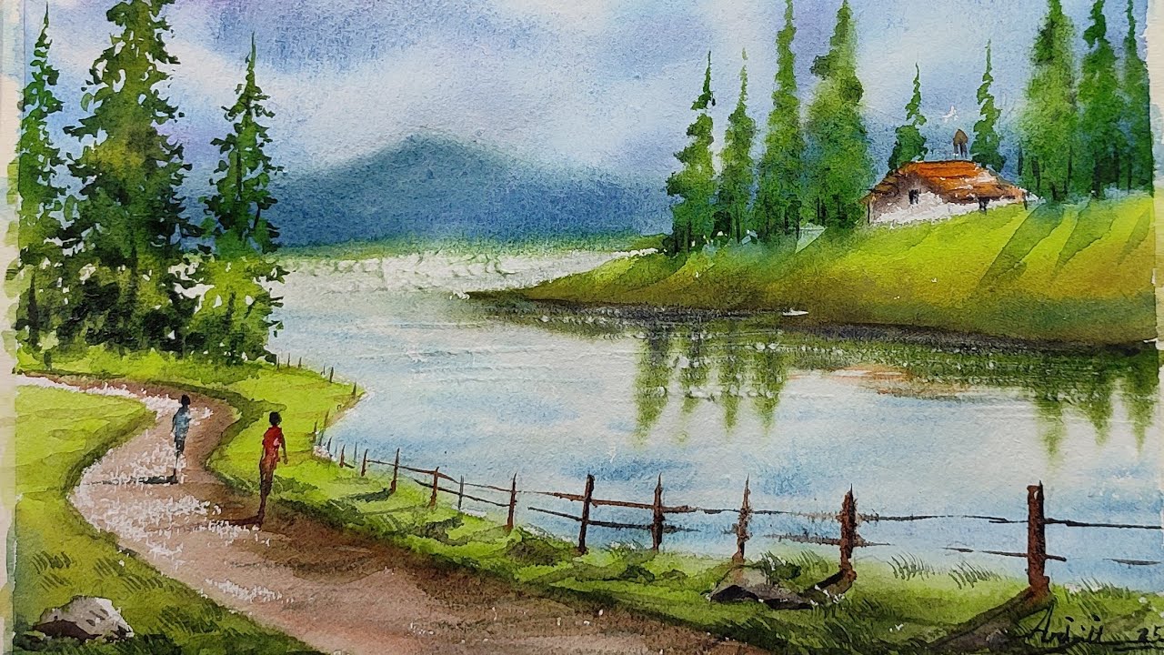 Watercolor painting tutorial - landscape hills painting and Lake ........#painting
