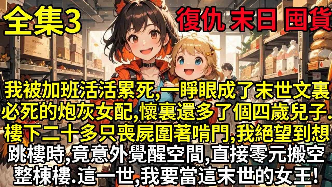 【3】我被加班活活累死，一睜眼成了末世文裏必死的炮灰女配，懷裏還多了個四歲兒子。樓下二十多只喪屍圍著啃門，我絕望到想跳樓時，竟意外覺醒靈泉空間，直接零元搬空整棟樓。這一世，我要当这末世的女王！