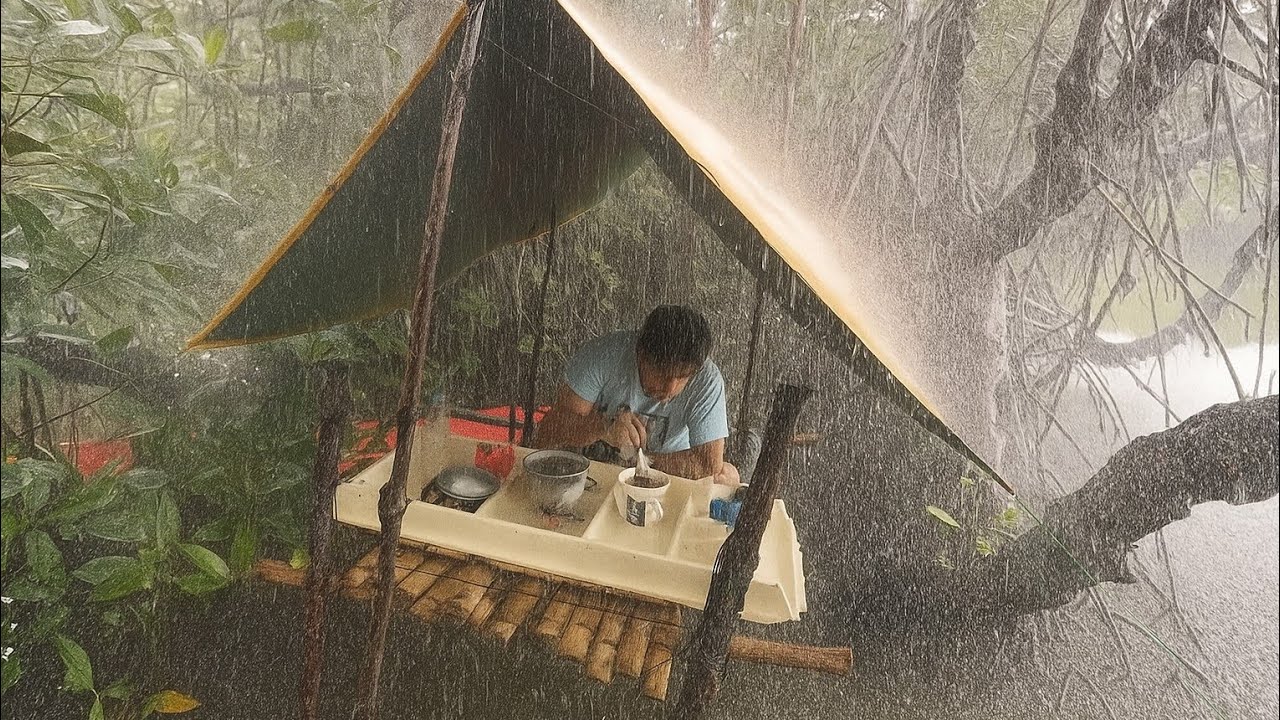 Building a Shelter in HEAVY RAIN - Surviving A Crazy Torrential Rain in the River