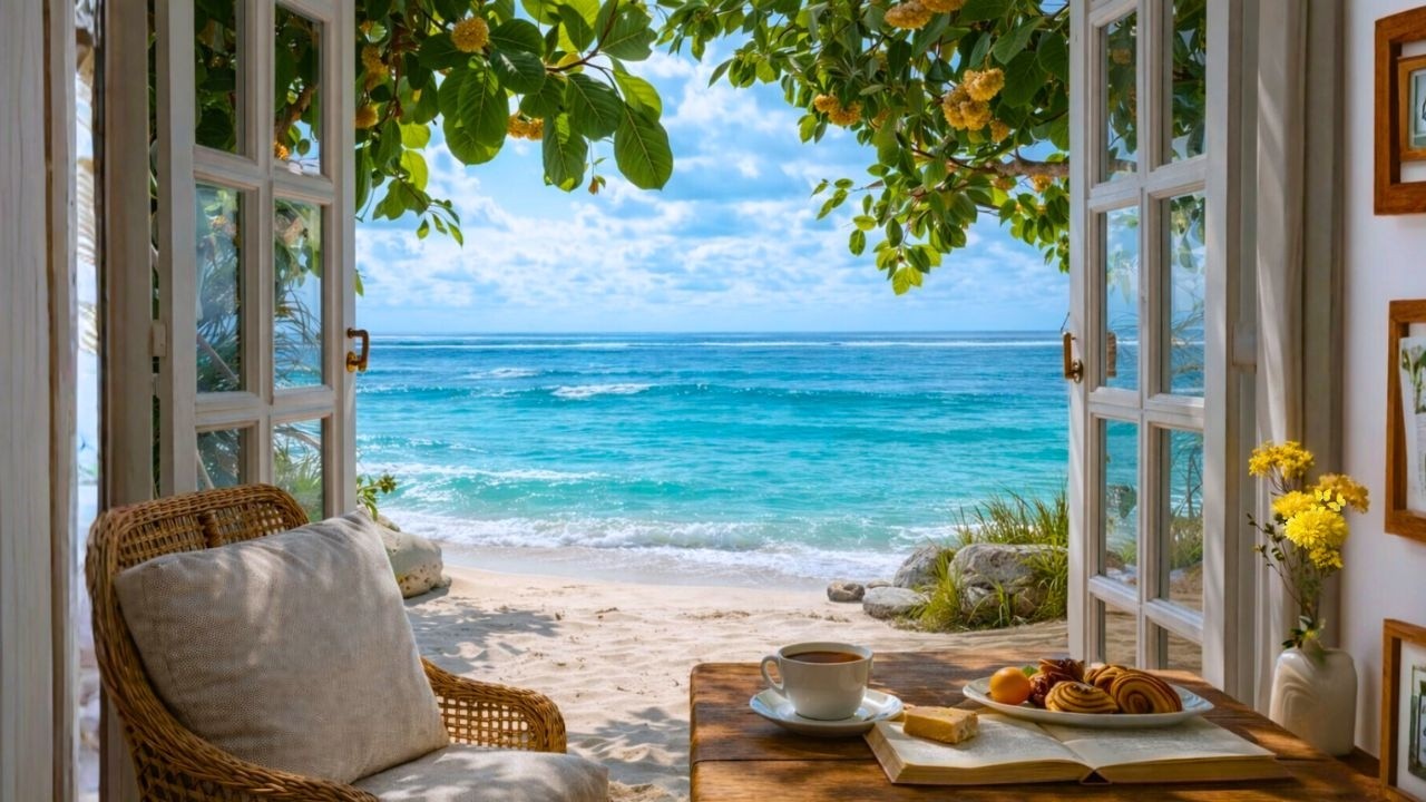 Afternoon Sea View from the Window | Peaceful Guitar Music with Gentle Ocean Waves