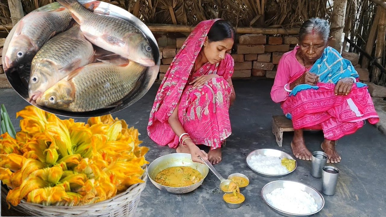 AMERICAN FISH CURRY with PUMPKIN FLOWERS cooking&eating by our tribe grandma||indian village