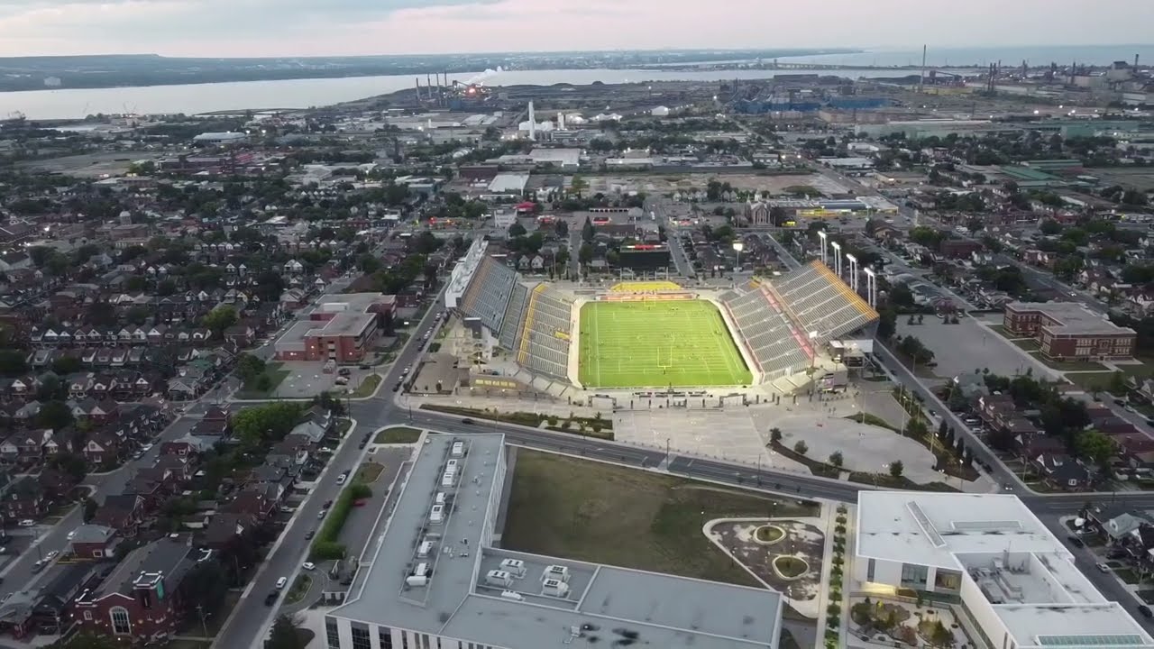 Tim Hortons Field, Downtown Hamilton, Ontario 4K Drone Sunset