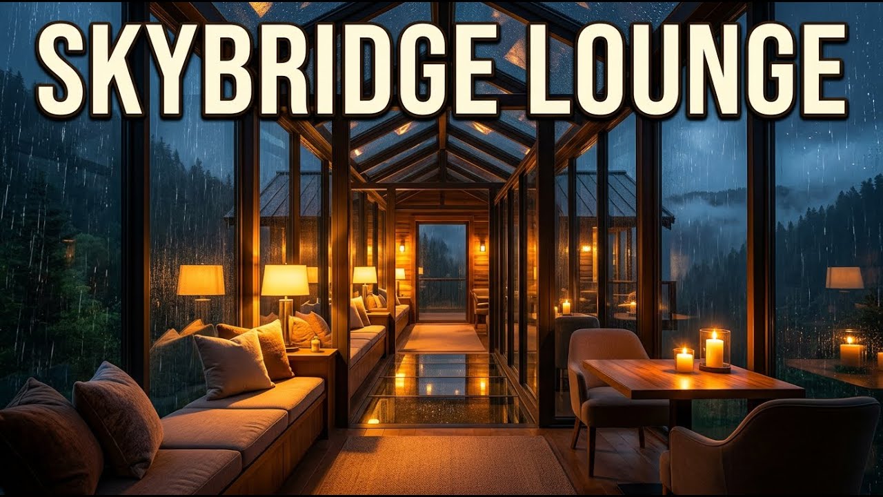 Rainy Night Ambience in a Glass Skybridge Lounge for Relaxation and Deep Sleep