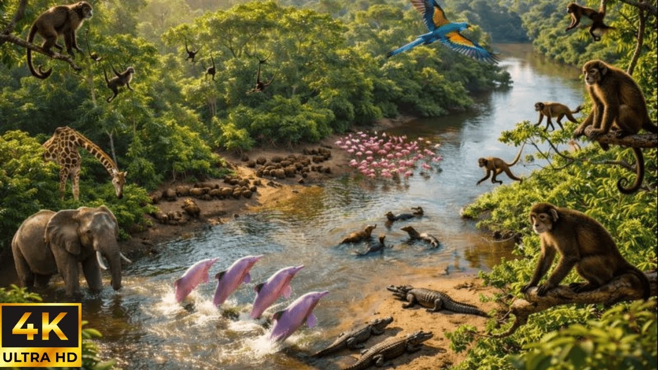 Relaxing Walk In The Amazon: River of Life - Pure Nature Sounds & River Wildlife (4K)