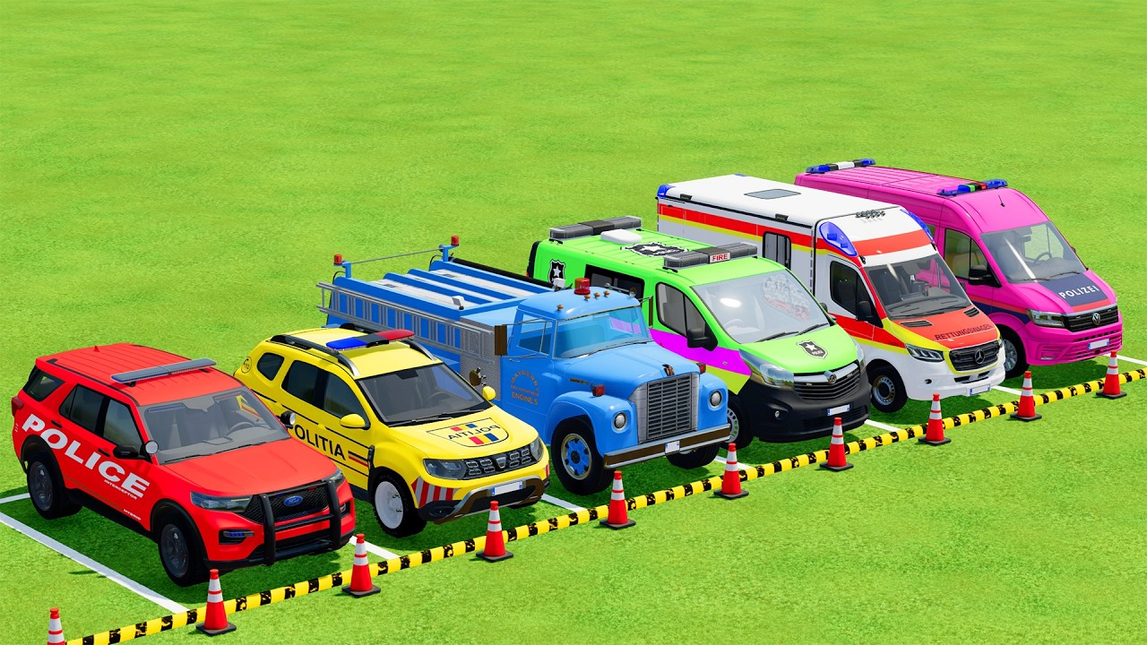 TRANSPORTING POLICE CARS, AMBULANCE, FIRE TRUCK, COLORFUL CARS WITH TRUCK - FARMING SIMULATOR 22 #10