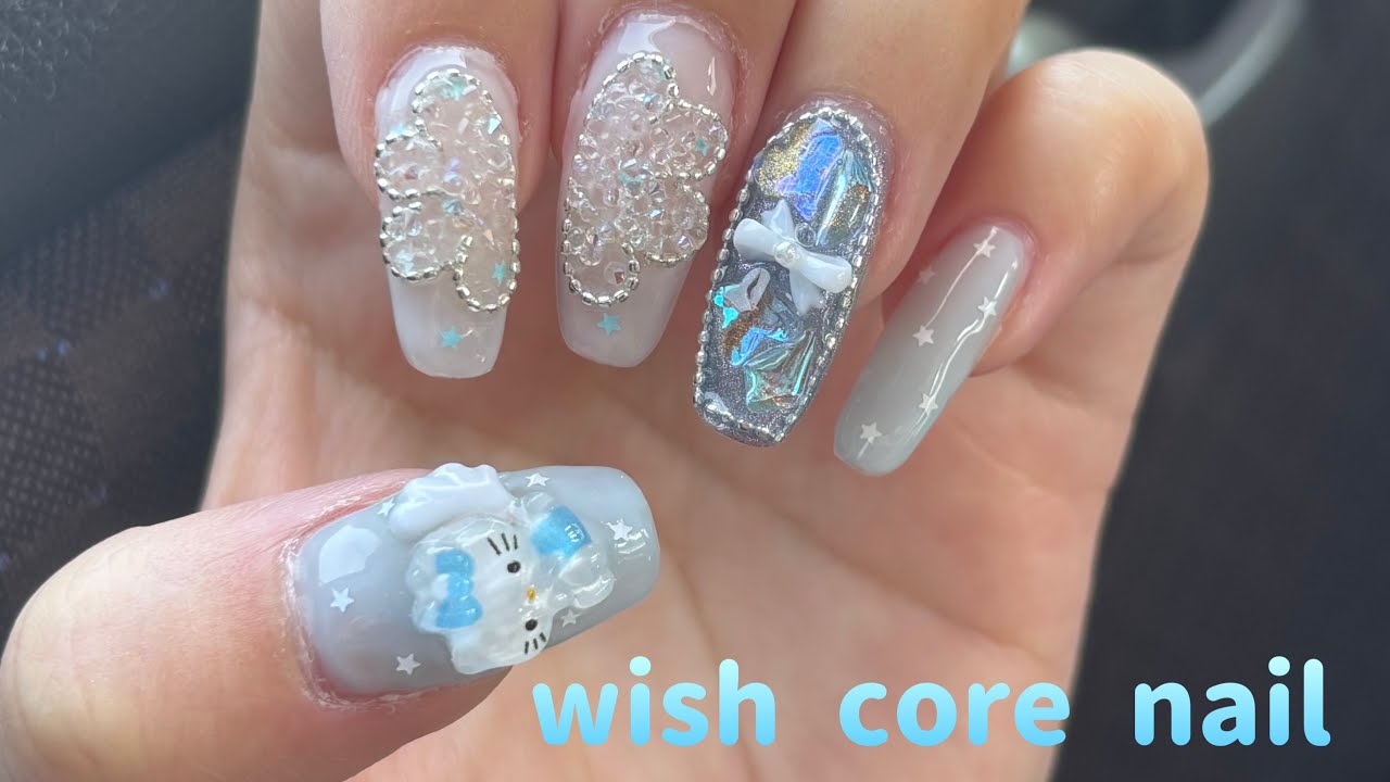 【セルフネイル】2025年流行りのウィッシュコアネイル💅🪽ブルーの天使キティちゃんネイル💅