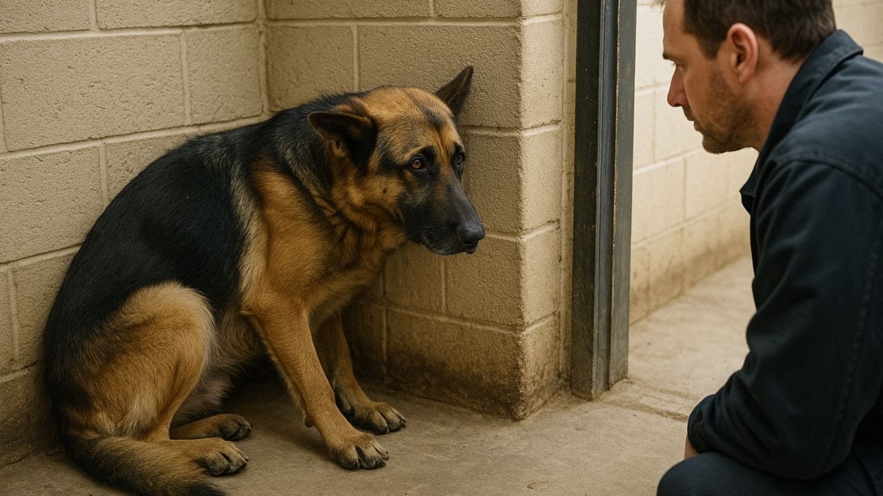 Misshandelter Schäferhund kauert verängstigt in der Ecke – bis jemand kommt und alles verändert