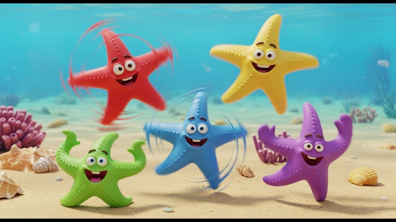 Cinco Pequeñas Estrellas de Mar Ola Ola | Canciones del Mar y Números para Niños