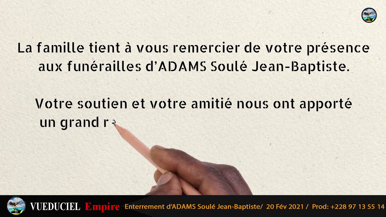 Remerciement de la part de la famille de SOULE Jean-Baptiste Adams