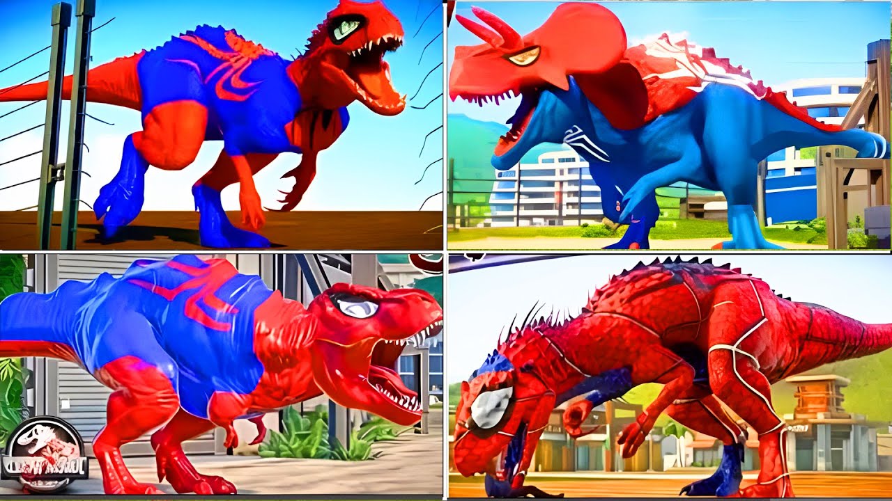 Jurassicworld indoraptor 🆚T Rex Capten America 🆚Triciratops Spider 🆚Tyranosaurus Spider Coffindan