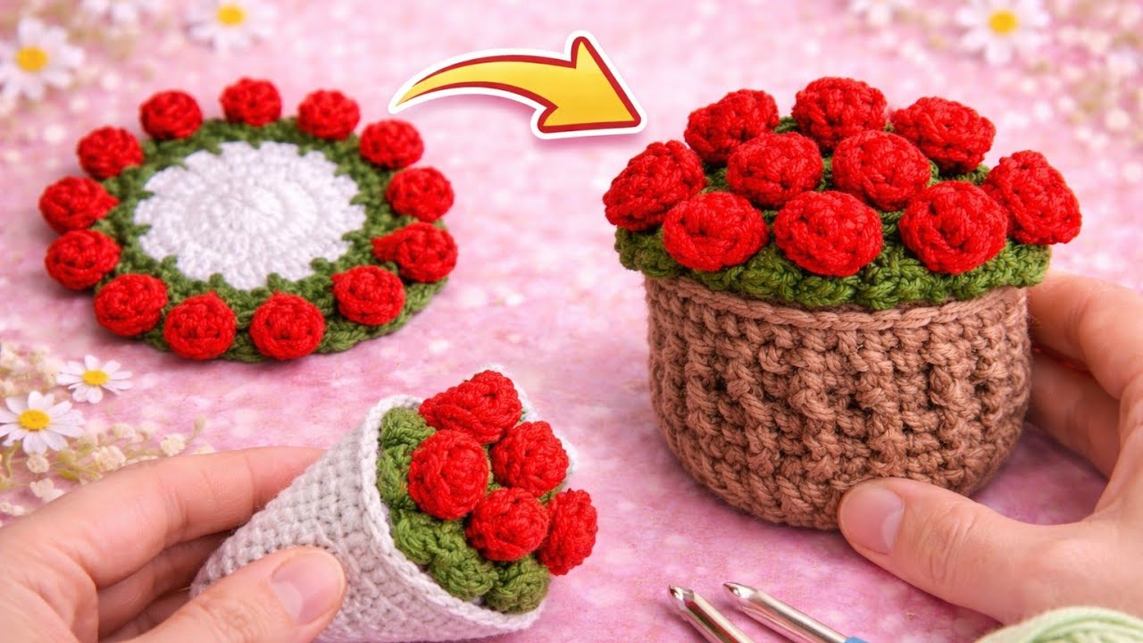 2-in-1 Crochet Flower Coaster ➜ Flower Pot 🌸 | Easy Crochet Tutorial for Beginners
