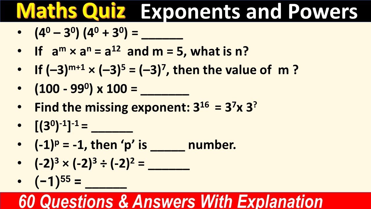MCQs on  Exponents and Powers | Exponents and Powers Quiz| Maths MCQ – Laws of Exponents