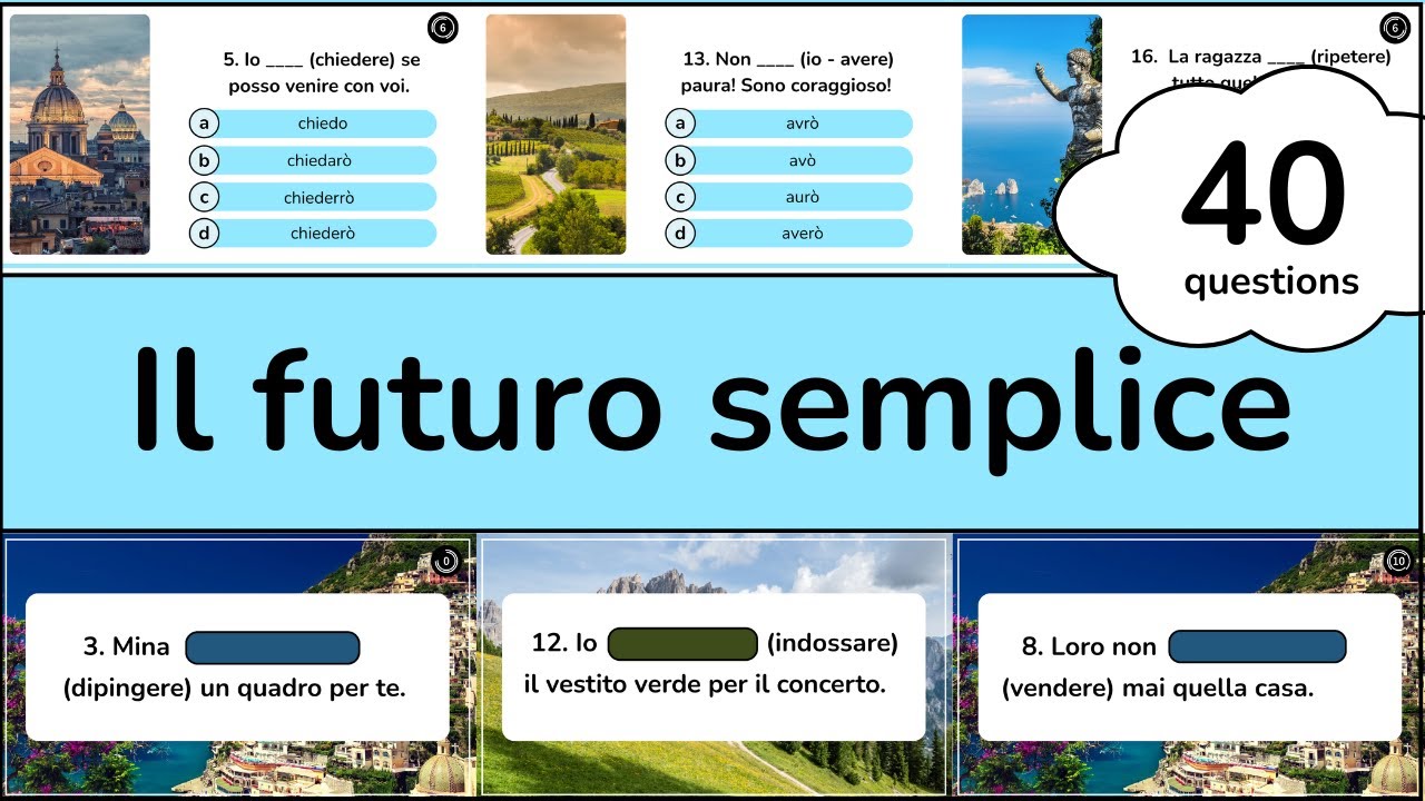 ITALIAN FUTURE VERBS CONJUGATION QUIZ - Level A2 / B1 - Intermediate Italian