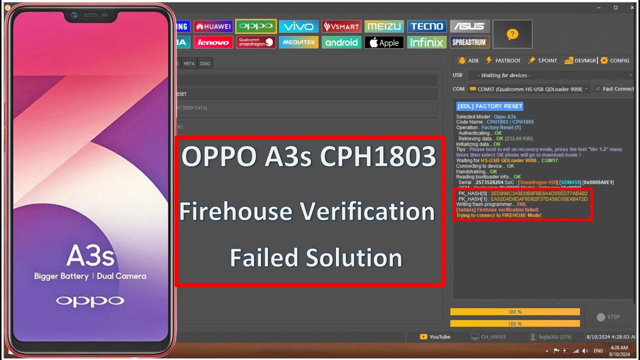 Oppo A3s Pattern/Pin Unlock FRP Bypass with UnlockTool Firehouse Verification Failed Problem Solved