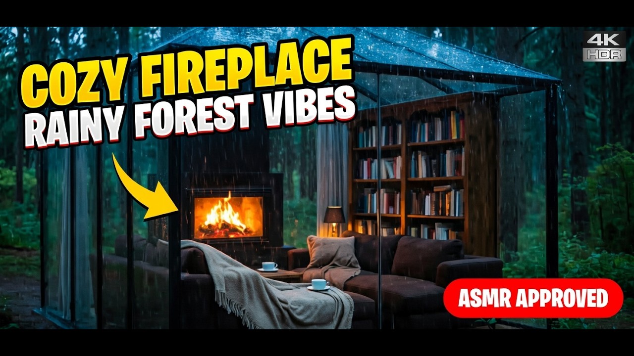 Cozy Glass Cabin in the Rain 🌧️ Fireplace Ambience in the Forest | 3 Hours Relaxing Rain for Sleep
