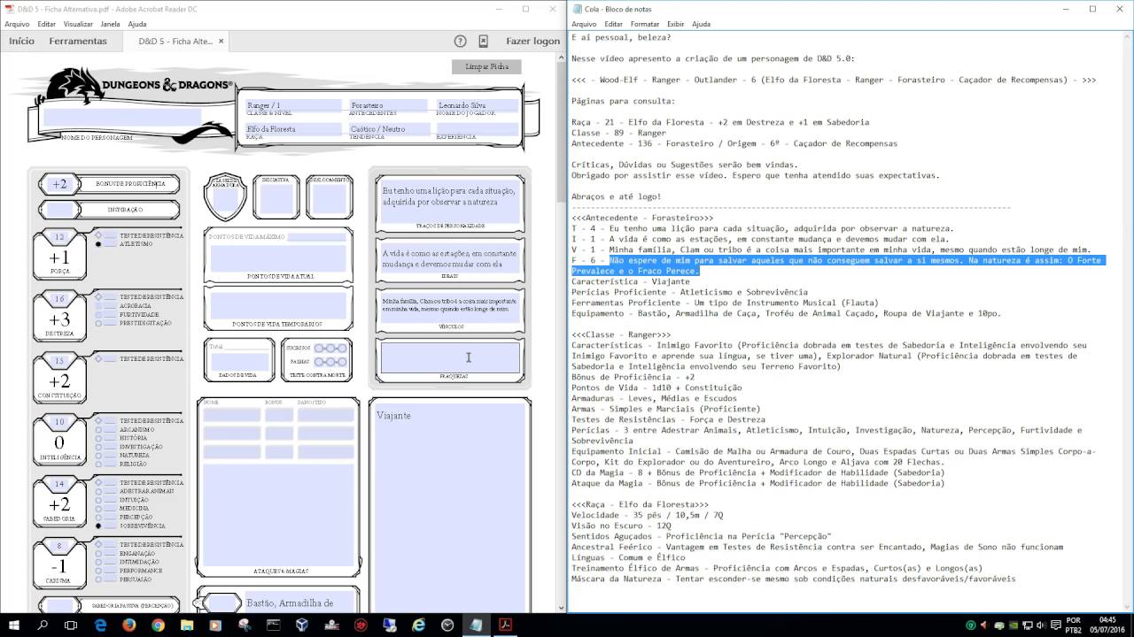 Criação de Personagem D&D 5.0 Elfo da Floresta - Ranger - Forasteiro - Caçador de Recompensas