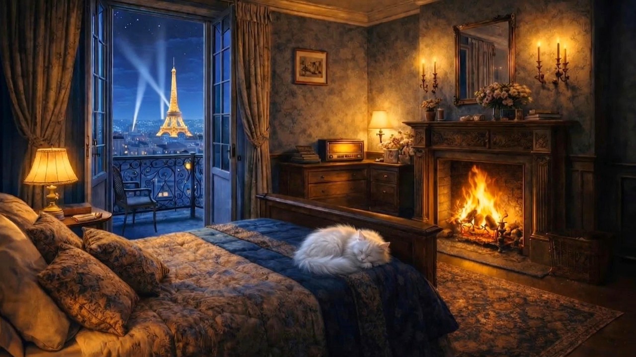 A 1940s Night in Paris as Soft Jazz Plays by the Fire | Cozy Bedroom Ambience