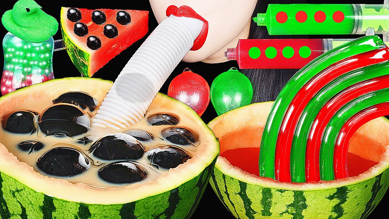 ASMR DRINKING SOUNDS 신기한 물 먹방, WATERMELON DRINKS *GIANT BOBA BUBBLE TEA, CANDY, BABY BOTTLE BOBA TEA