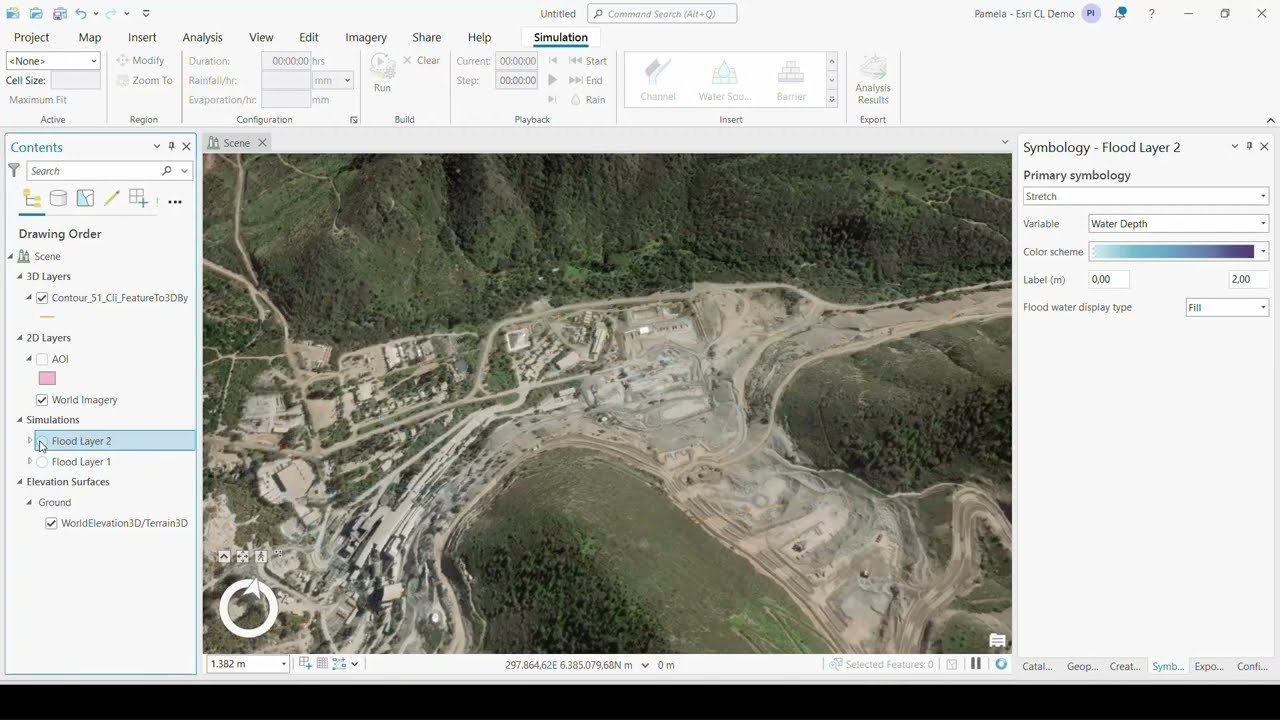 ArcGIS Pro Flood Simulation: ejemplo aplicado a un área minera