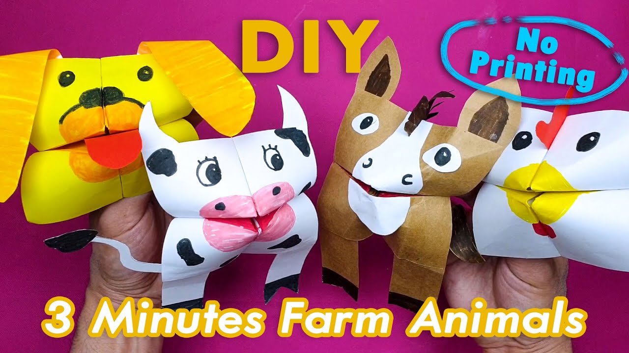 4 New Paper Hand Puppets - DIY farm animals cootie catchers (No Printing)