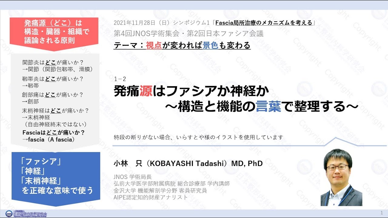 学術局長・小林只 シンポジウム1-2 「発痛源はファシアか神経か～構造と機能の言葉を整理する～」：2021年 日本整形内科学研究会（JNOS）第4回学術集会/第2回ファシア会議