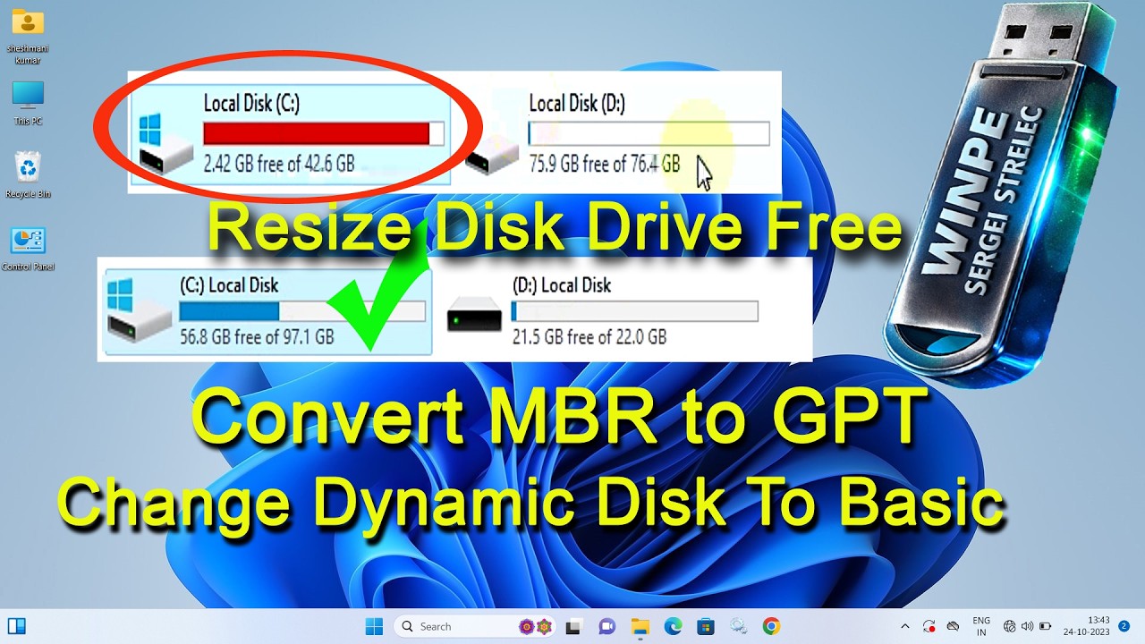 WinPE Sergei Strelec Bootable USB | C Drive Full Fix | Partition Resize Free | MBR to GPT Convert 🔥