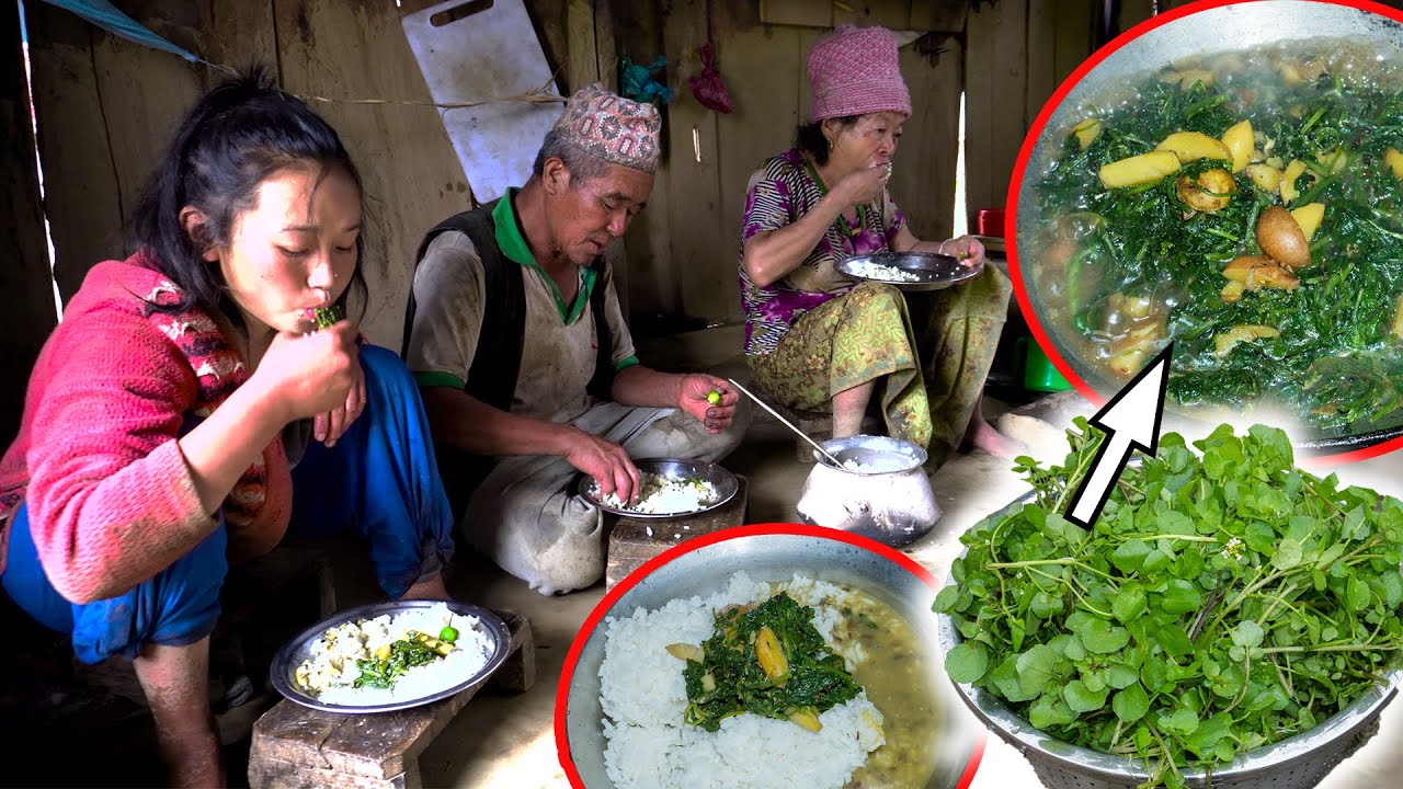 Greens vegetable & Potato mix Recipe with rice in village kitchen || SIMSAG || Sim Rayo || Khole sag