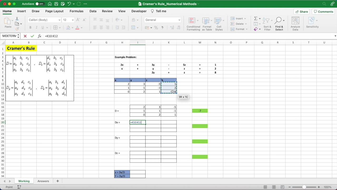 Cramer's Rule on Excel