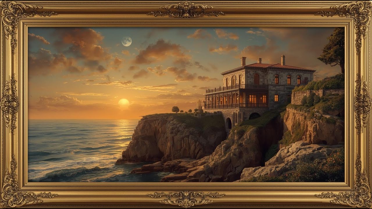 Moonlit Cliff Estate 4K &mdash; Golden Sunset Over the Endless Sea