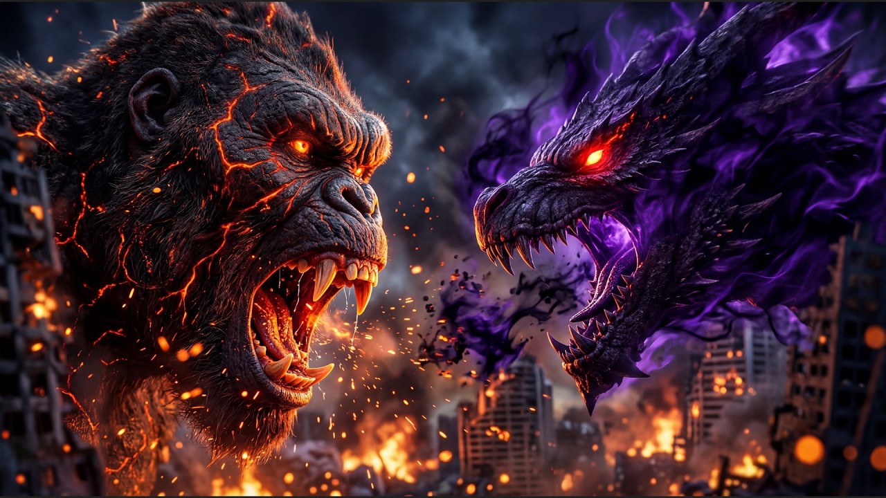 Magma King Kong vs Shadow Dragon 🔥 Epic Monster Battle in Destroyed City!