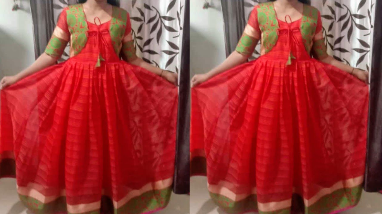 Saree Dress cutting and stitching/ jacket wali kurti cutting stitching/ full flair dress with Jacket