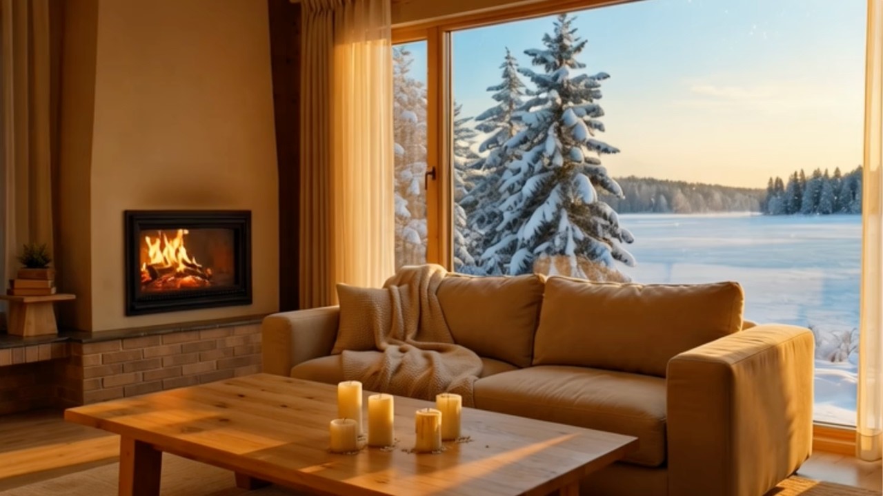 Watching the Sun Set Over a Frozen Lake. 🌅 Warm Fireplace & Soft Jazz.