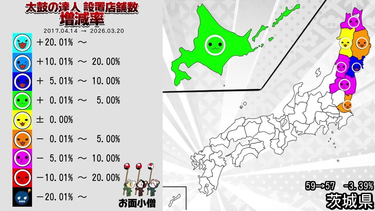 太鼓の達人ニジイロVer. 設置店舗数 増減率 都道府県別マップ