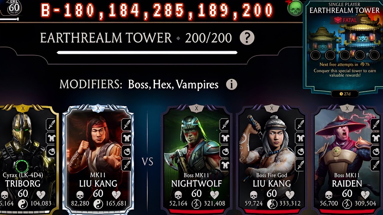 Fatal Earthrealm Tower 180, 200 Fight + Rewards MK Mobile | MK11 Liu Kang & DK Noob Saibot