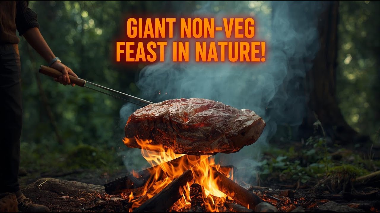 🔥 Giant Non-Veg Meat Cooking in Nature | Outdoor Food Feast with Big Meat Piece | Village Style Cook